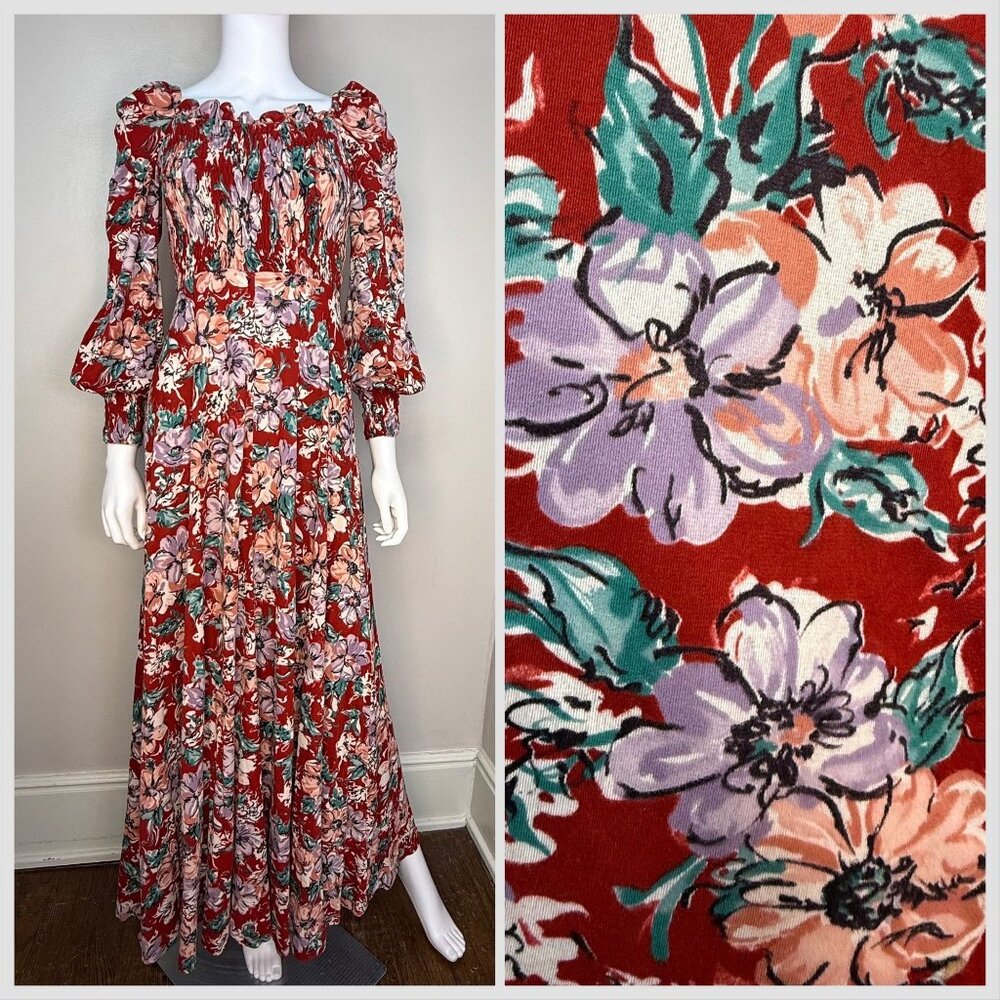 Vintage 1970s Red Floral Maxi Dress, Jody T Size XS, Long Sleeve, Smocked Bodice